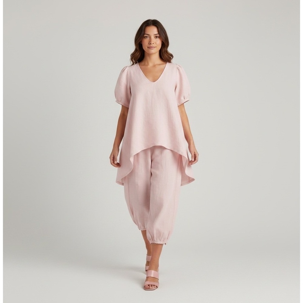 Tina Givens Linen Tunic Oversized Bloomer Set Women's L Top M Pants Pink Boho